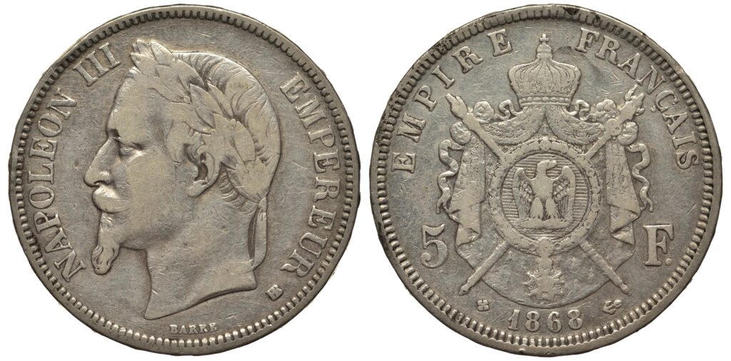 Deux faces d’une pièce de 5 Francs d’argent avec Napoléon III