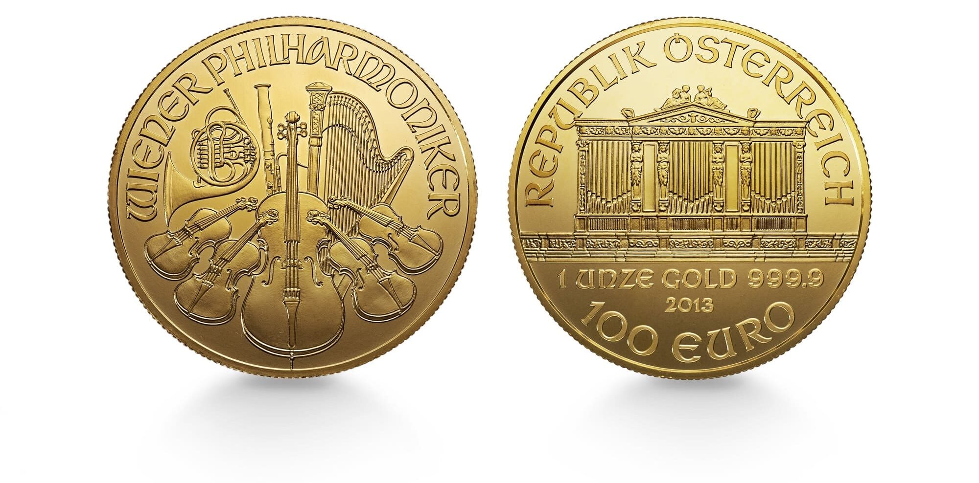 Image of the front and back of a Vienna Philharmonic gold coin