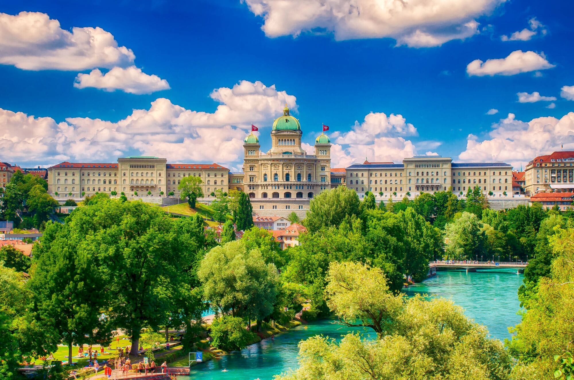 Federal Palace in the Federal City of Bern with the Aare River