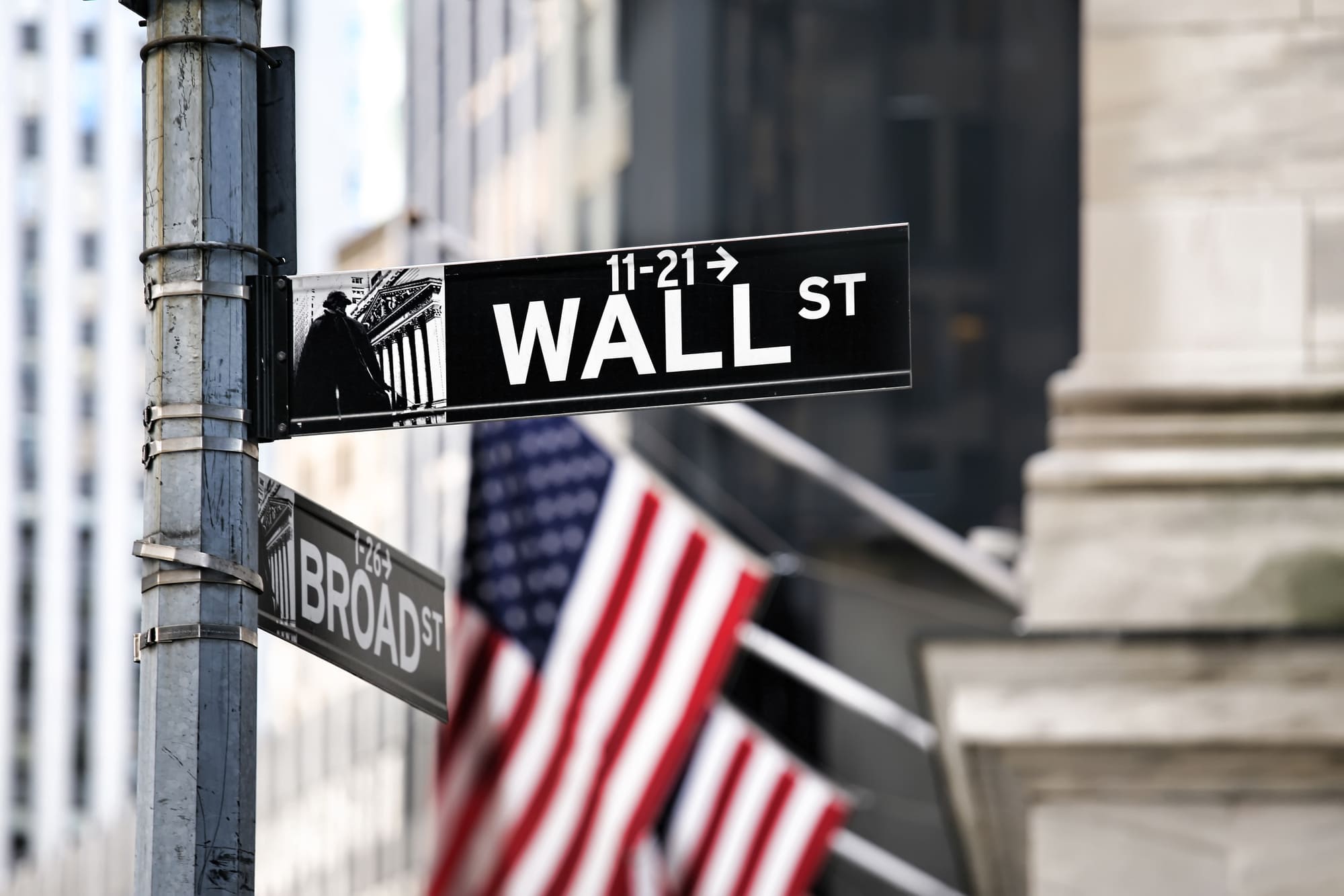 Strassenschild der Wallstreet mit Amerikaflaggen im Hintergrund